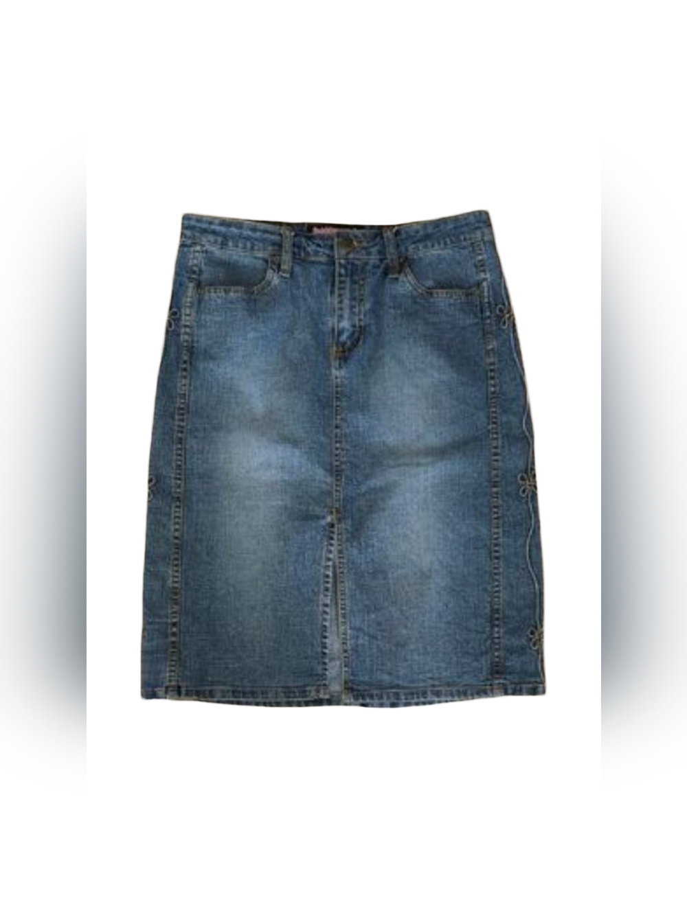 Vintage 90's Bubblegum Blue Washed Denim Midi Skirt w/ Side Designs   Size 11/12